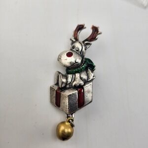 AJMC Christmas Reindeer on Present with Jingle Bell Charm Brooch‎ Pin Holiday